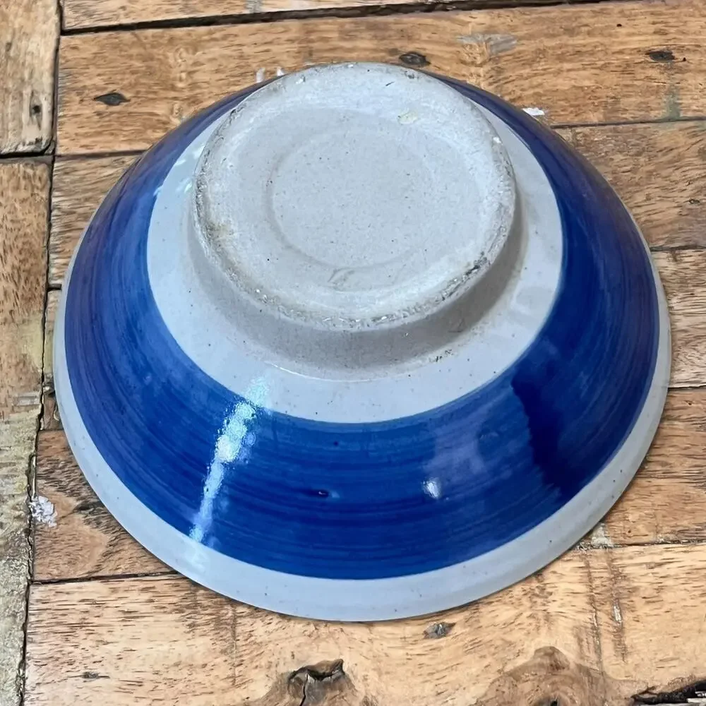 Vintage Studio Pottery Mortar Bowl White Speckled Glaze Blue Band